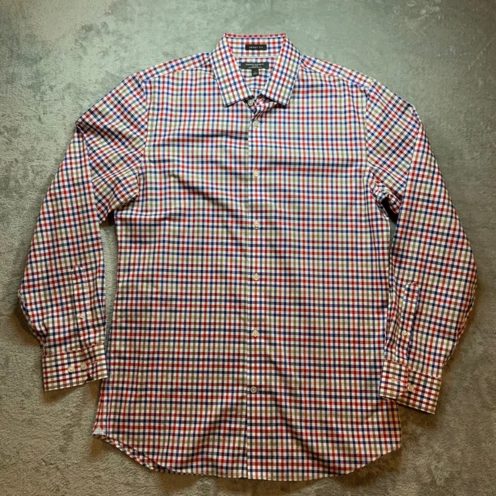 Banana Republic Grant Fit Shirt Mens Large Red Blue Gingham NoIron Stretch Shirt